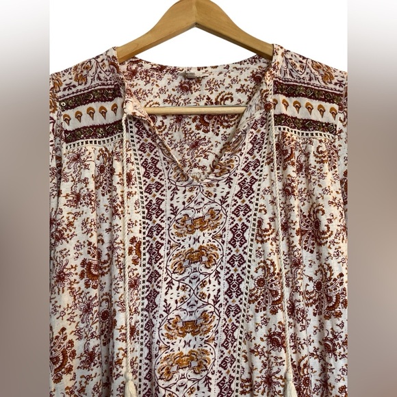 Lucky Brand Boho Floral Flowy Blouse Medium Bohemian Hippie Southwestern Tassels - Picture 2 of 10